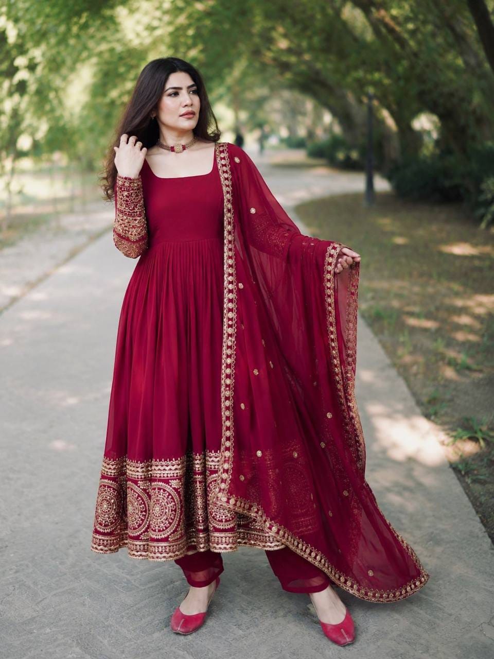 ZC 8020 Maroon | Fox Georgette Gown with Sequins Work & Embroidery Work. Introductory Price ₹2099. Delivery 4-6 Working Days. Shop now. | Bollywood Gowns, Creative Gowns, Designer Gowns, Embroidered Gowns, Gowns, Party Wear Gowns