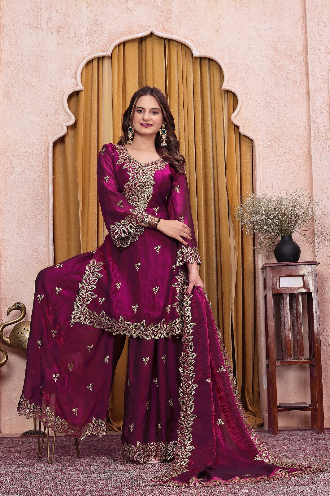 FE 141 Wine Fendy Silk Salwar Suit with Mirror Work & Embroidery Work. Best Price ₹2449. Delivery 4-6 Working Days. Shop now. | Casual Suits, Jump Suits, Creative suits, Designer Suits, Palazzo Suits, Party Wear Suits, Patiala Suits, Salwar suit, Straight Suits