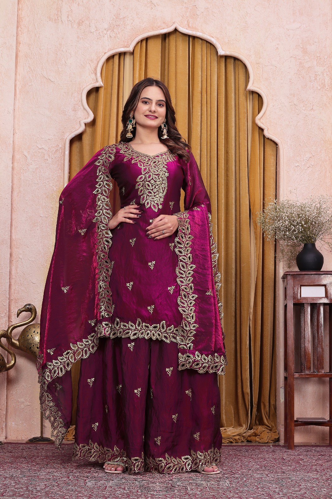 FE 141 Wine Fendy Silk Salwar Suit with Mirror Work & Embroidery Work. Best Price ₹2449. Delivery 4-6 Working Days. Shop now. | Casual Suits, Jump Suits, Creative suits, Designer Suits, Palazzo Suits, Party Wear Suits, Patiala Suits, Salwar suit, Straight Suits