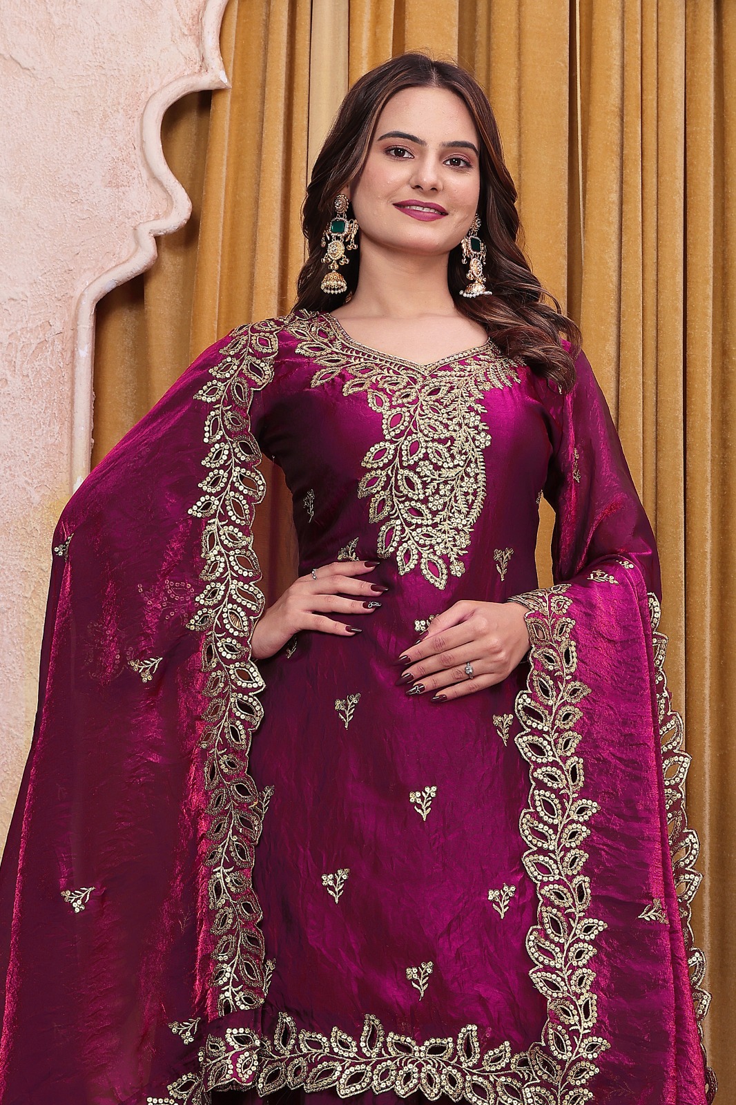 FE 141 Wine Fendy Silk Salwar Suit with Mirror Work & Embroidery Work. Best Price ₹2449. Delivery 4-6 Working Days. Shop now. | Casual Suits, Jump Suits, Creative suits, Designer Suits, Palazzo Suits, Party Wear Suits, Patiala Suits, Salwar suit, Straight Suits