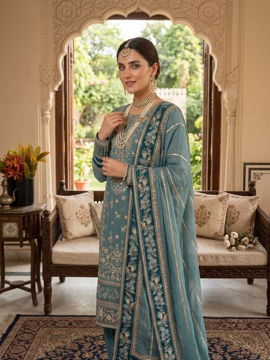 ZSR 3175 Blue Fox Georgette Salwar Suit with Embroidery Work & Sequins Work. Grab it for ₹2399. Delivery 4-6 Working Days. Shop now. | Casual Suits, Jump Suits, Creative suits, Designer Suits, Palazzo Suits, Party Wear Suits, Patiala Suits, Salwar suit, Straight Suits