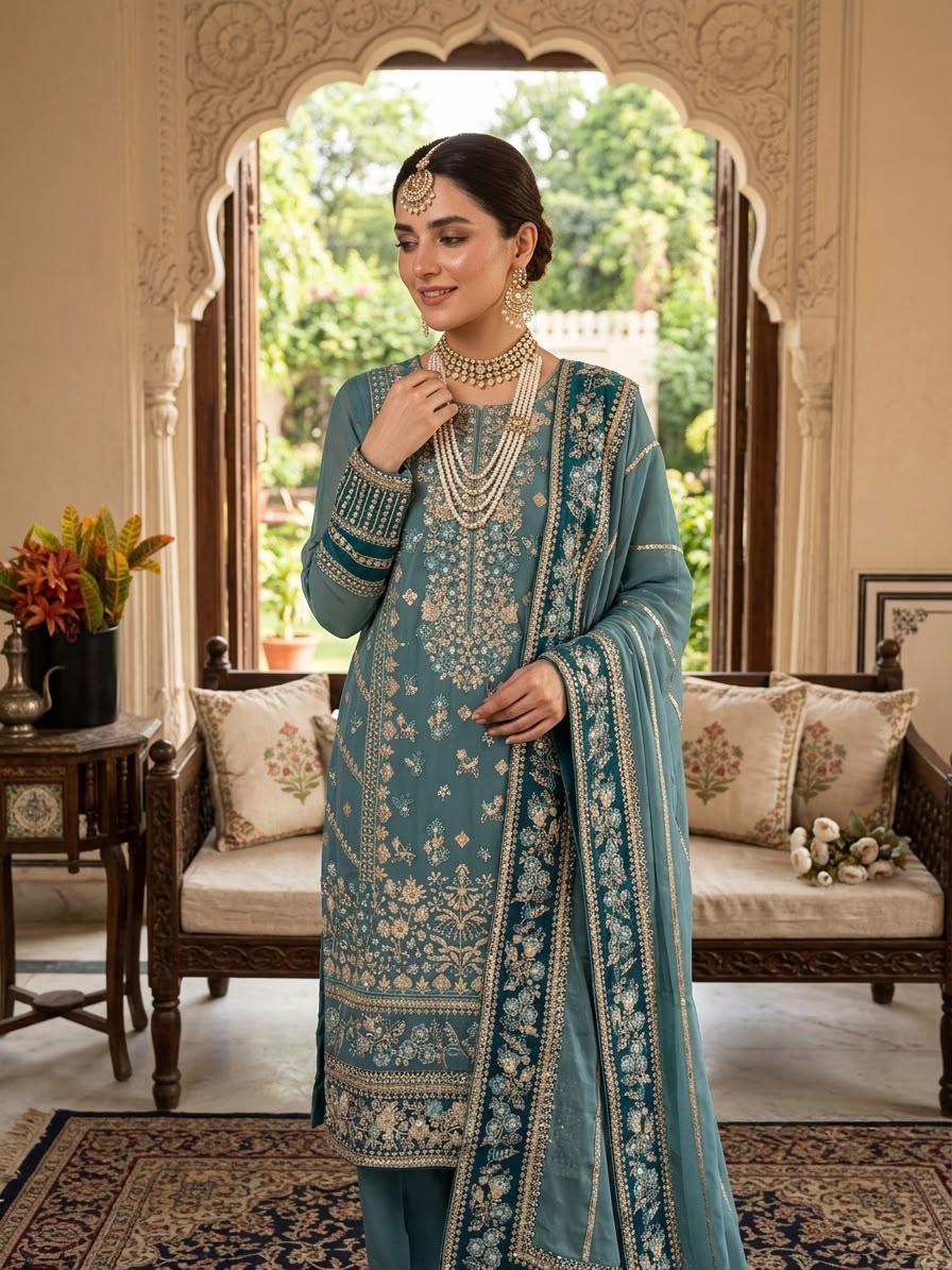 ZSR 3175 Blue Fox Georgette Salwar Suit with Embroidery Work & Sequins Work. Grab it for ₹2399. Delivery 4-6 Working Days. Shop now. | Casual Suits, Jump Suits, Creative suits, Designer Suits, Palazzo Suits, Party Wear Suits, Patiala Suits, Salwar suit, Straight Suits