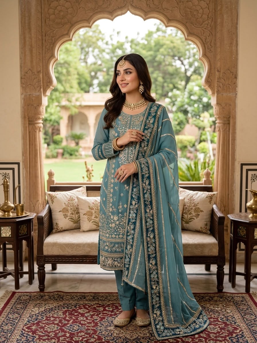 ZSR 3175 Blue Fox Georgette Salwar Suit with Embroidery Work & Sequins Work. Grab it for ₹2399. Delivery 4-6 Working Days. Shop now. | Casual Suits, Jump Suits, Creative suits, Designer Suits, Palazzo Suits, Party Wear Suits, Patiala Suits, Salwar suit, Straight Suits