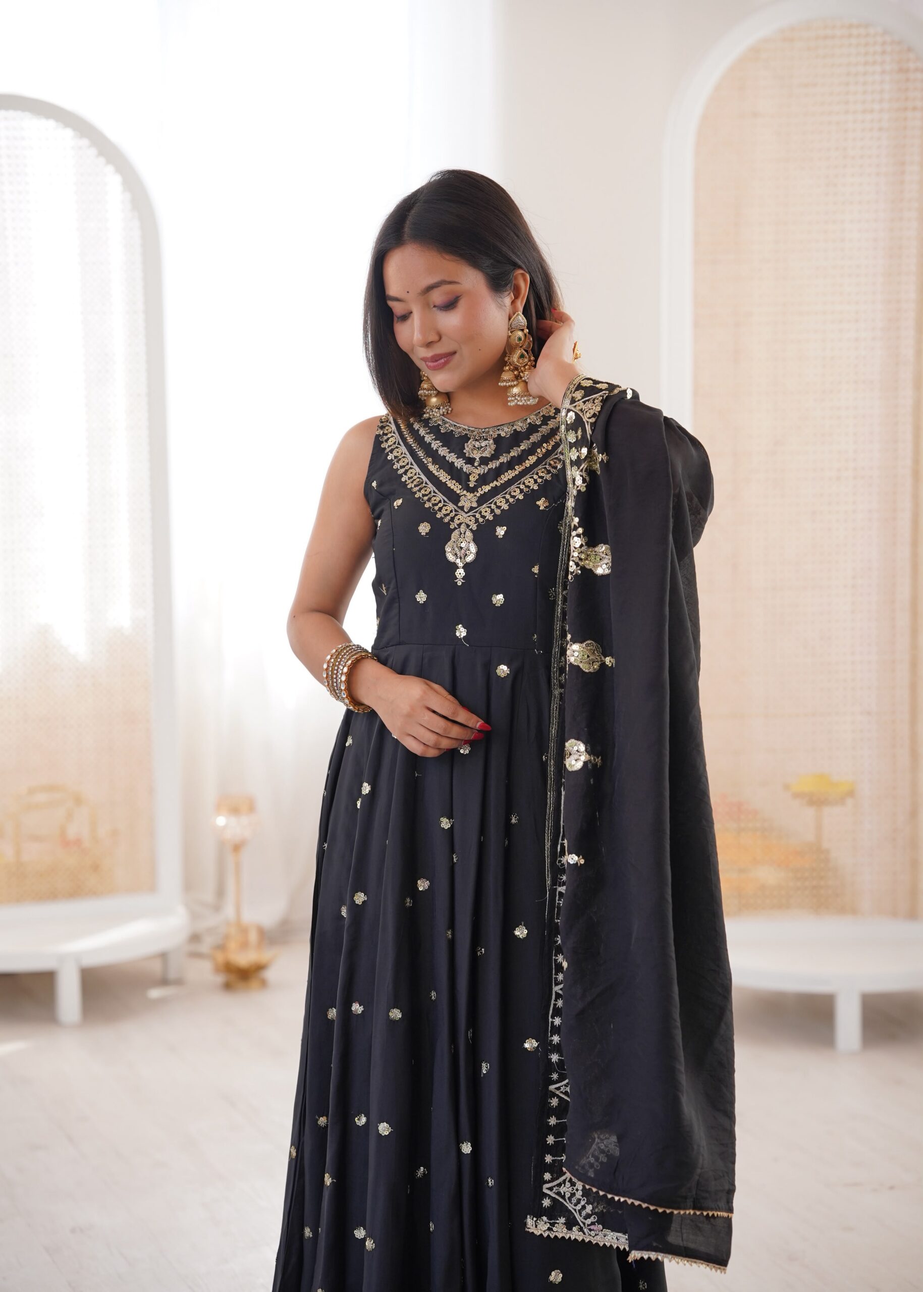 JF 038 Black Roman Silk Gown with Embroidery Work. Wedding, Party, Festive, Events, Navratri, Exclusive Offer ₹2149. Delivery 4-6 Working Days. Shop now. | Bollywood Gowns, Creative Gowns, Designer Gowns, Embroidered Gowns, Gowns, Party Wear Gowns