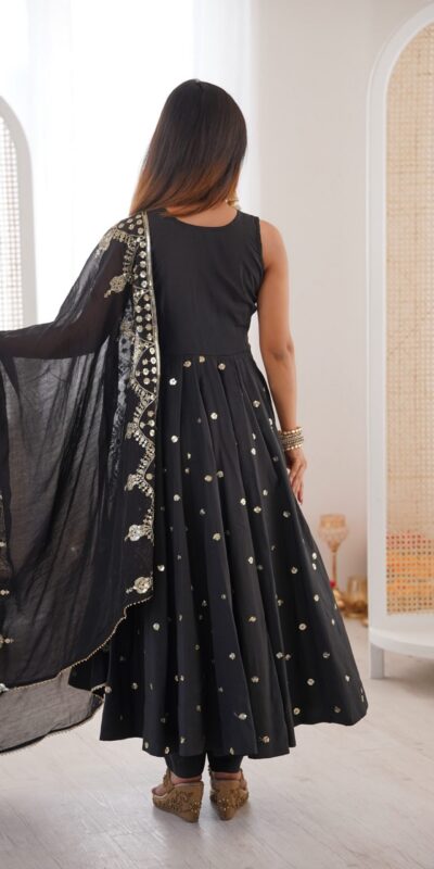 JF 038 Black Roman Silk Gown with Embroidery Work. Wedding, Party, Festive, Events, Navratri, Exclusive Offer ₹2149. Delivery 4-6 Working Days. Shop now. | Bollywood Gowns, Creative Gowns, Designer Gowns, Embroidered Gowns, Gowns, Party Wear Gowns