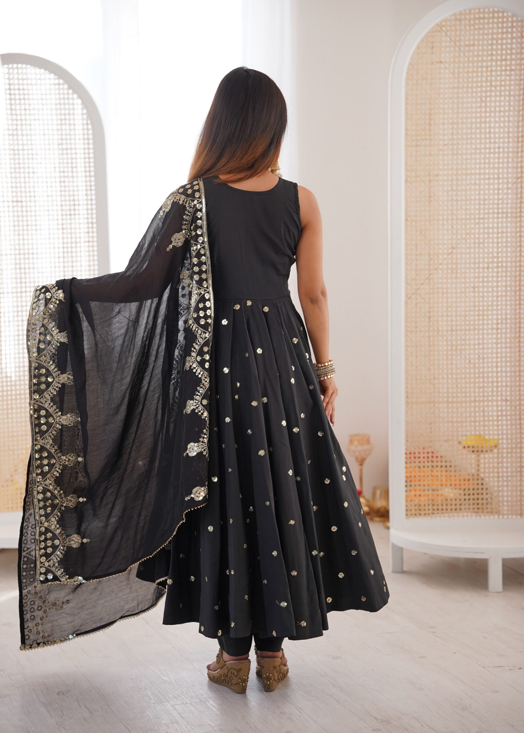 JF 038 Black Roman Silk Gown with Embroidery Work. Wedding, Party, Festive, Events, Navratri, Exclusive Offer ₹2149. Delivery 4-6 Working Days. Shop now. | Bollywood Gowns, Creative Gowns, Designer Gowns, Embroidered Gowns, Gowns, Party Wear Gowns