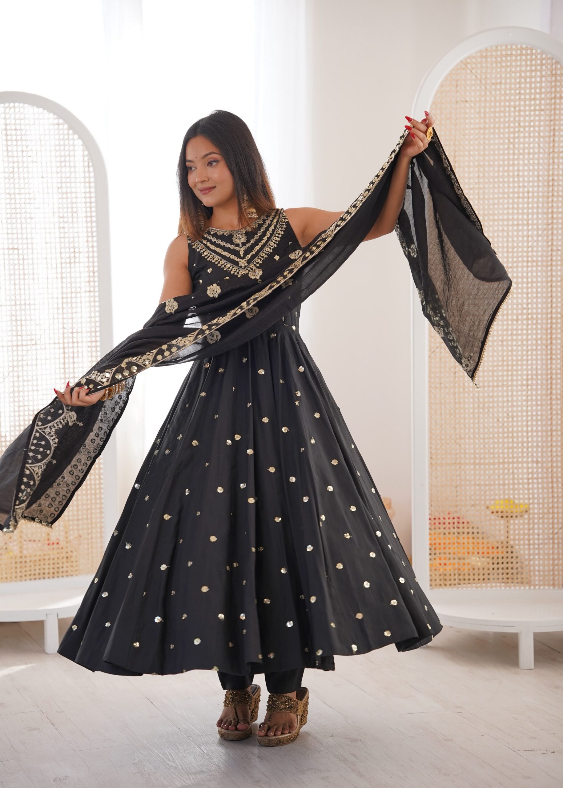 JF 038 Black Roman Silk Gown with Embroidery Work. Wedding, Party, Festive, Events, Navratri, Exclusive Offer ₹2149. Delivery 4-6 Working Days. Shop now. | Bollywood Gowns, Creative Gowns, Designer Gowns, Embroidered Gowns, Gowns, Party Wear Gowns