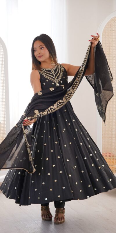 JF 038 Black Roman Silk Gown with Embroidery Work. Wedding, Party, Festive, Events, Navratri, Exclusive Offer ₹2149. Delivery 4-6 Working Days. Shop now. | Bollywood Gowns, Creative Gowns, Designer Gowns, Embroidered Gowns, Gowns, Party Wear Gowns