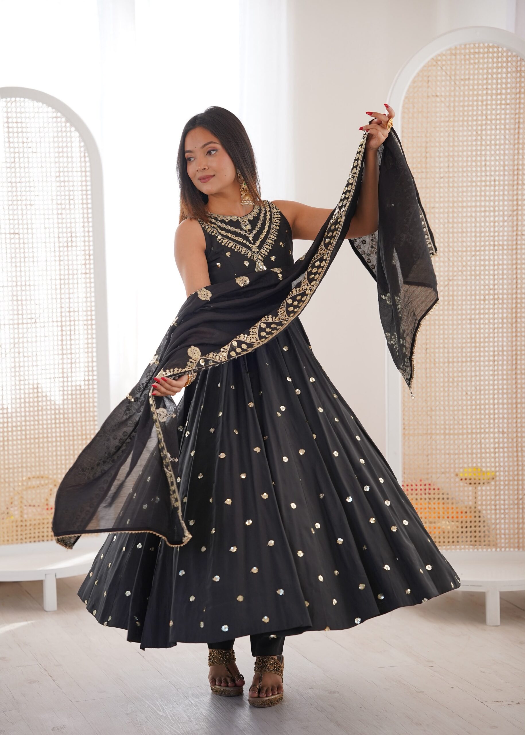 JF 038 Black Roman Silk Gown with Embroidery Work. Wedding, Party, Festive, Events, Navratri, Exclusive Offer ₹2149. Delivery 4-6 Working Days. Shop now. | Bollywood Gowns, Creative Gowns, Designer Gowns, Embroidered Gowns, Gowns, Party Wear Gowns
