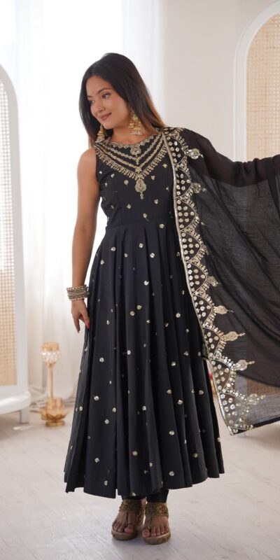 JF 038 Black Roman Silk Gown with Embroidery Work. Wedding, Party, Festive, Events, Navratri, Exclusive Offer ₹2149. Delivery 4-6 Working Days. Shop now. | Bollywood Gowns, Creative Gowns, Designer Gowns, Embroidered Gowns, Gowns, Party Wear Gowns