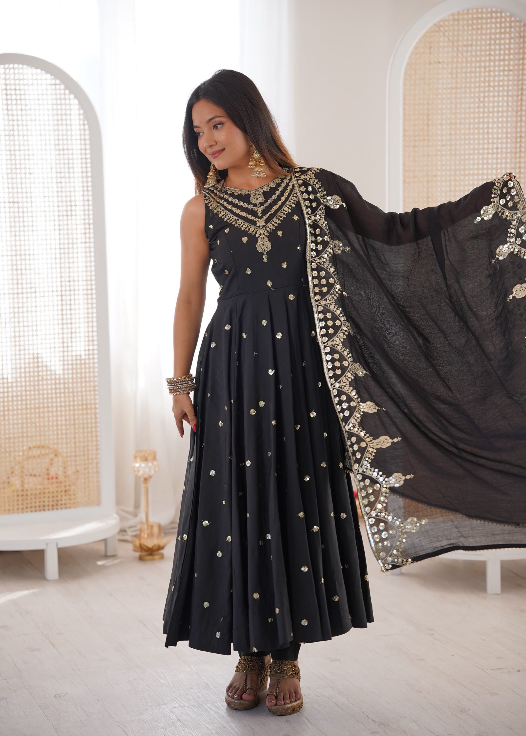 JF 038 Black Roman Silk Gown with Embroidery Work. Wedding, Party, Festive, Events, Navratri, Exclusive Offer ₹2149. Delivery 4-6 Working Days. Shop now. | Bollywood Gowns, Creative Gowns, Designer Gowns, Embroidered Gowns, Gowns, Party Wear Gowns