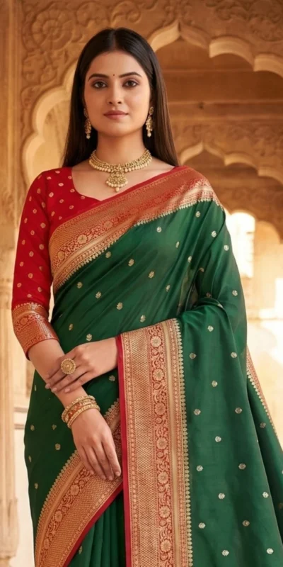 MB 6079 Green Soft Banarasi Silk Saree with Zari Work & Moti Work. Introductory Price ₹1949. Delivery 4-6 Working Days. Shop now. | Creative Sarees, Bollywood Sarees, Designer Sarees, Embroidered Sarees, Ethnic Saree, Modern Digital sarees, Party Wear Sarees, Sarees