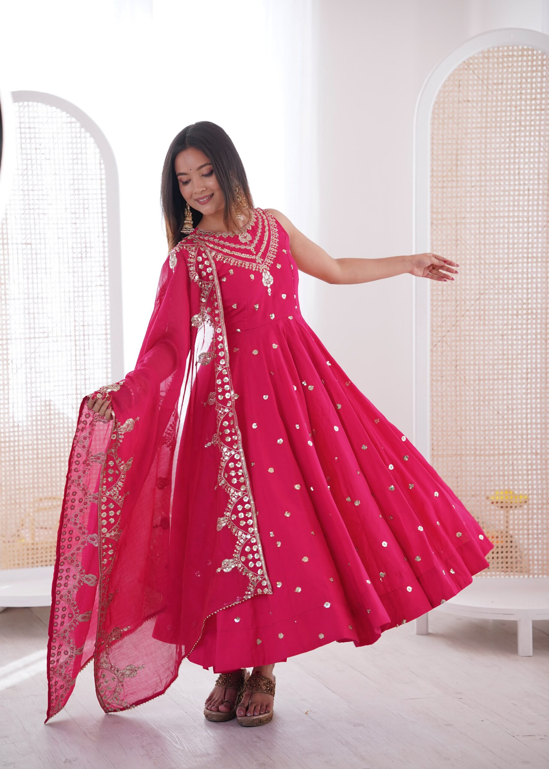JF 038 Rani Pink Roman Silk Gown with Embroidery Work. Wedding, Party, Events, Navratri, Exclusive Offer ₹2149. Delivery 4-6 Working Days. Shop now. | Bollywood Gowns, Creative Gowns, Designer Gowns, Embroidered Gowns, Gowns, Party Wear Gowns