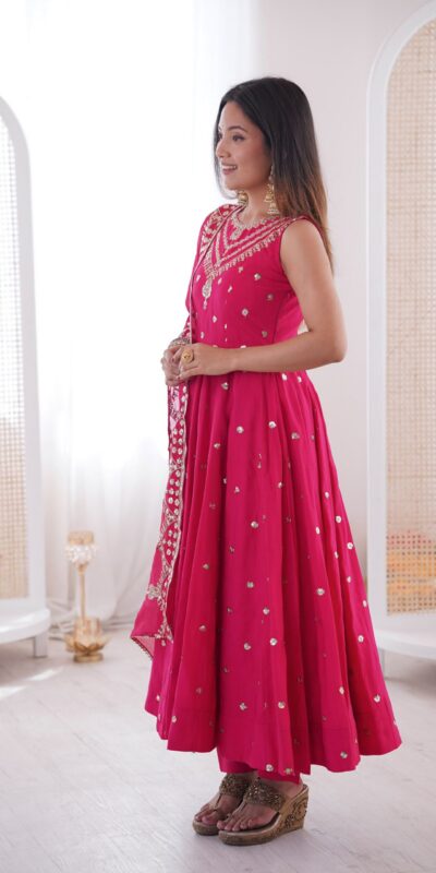 JF 038 Rani Pink Roman Silk Gown with Embroidery Work. Wedding, Party, Events, Navratri, Exclusive Offer ₹2149. Delivery 4-6 Working Days. Shop now. | Bollywood Gowns, Creative Gowns, Designer Gowns, Embroidered Gowns, Gowns, Party Wear Gowns