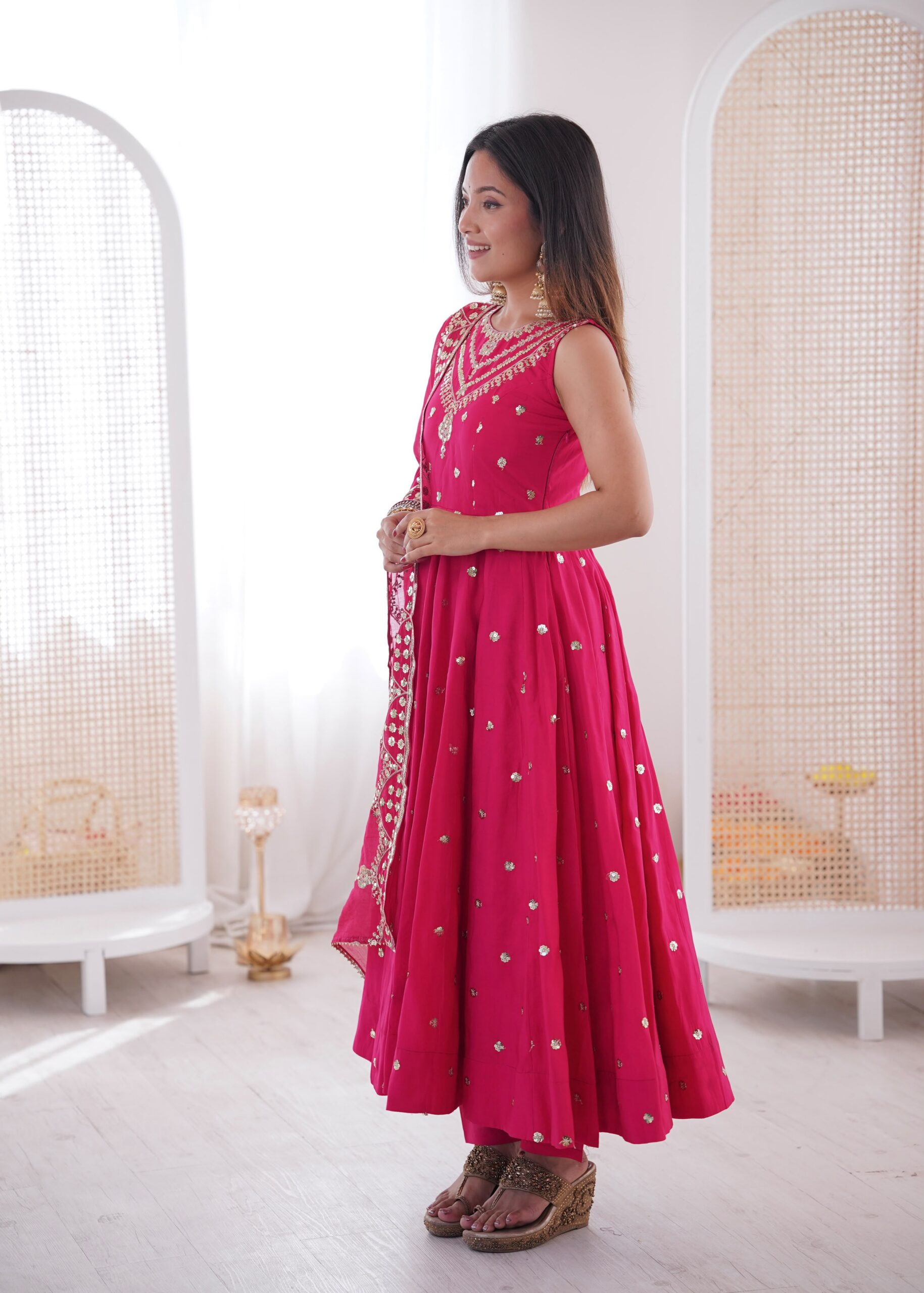 JF 038 Rani Pink Roman Silk Gown with Embroidery Work. Wedding, Party, Events, Navratri, Exclusive Offer ₹2149. Delivery 4-6 Working Days. Shop now. | Bollywood Gowns, Creative Gowns, Designer Gowns, Embroidered Gowns, Gowns, Party Wear Gowns