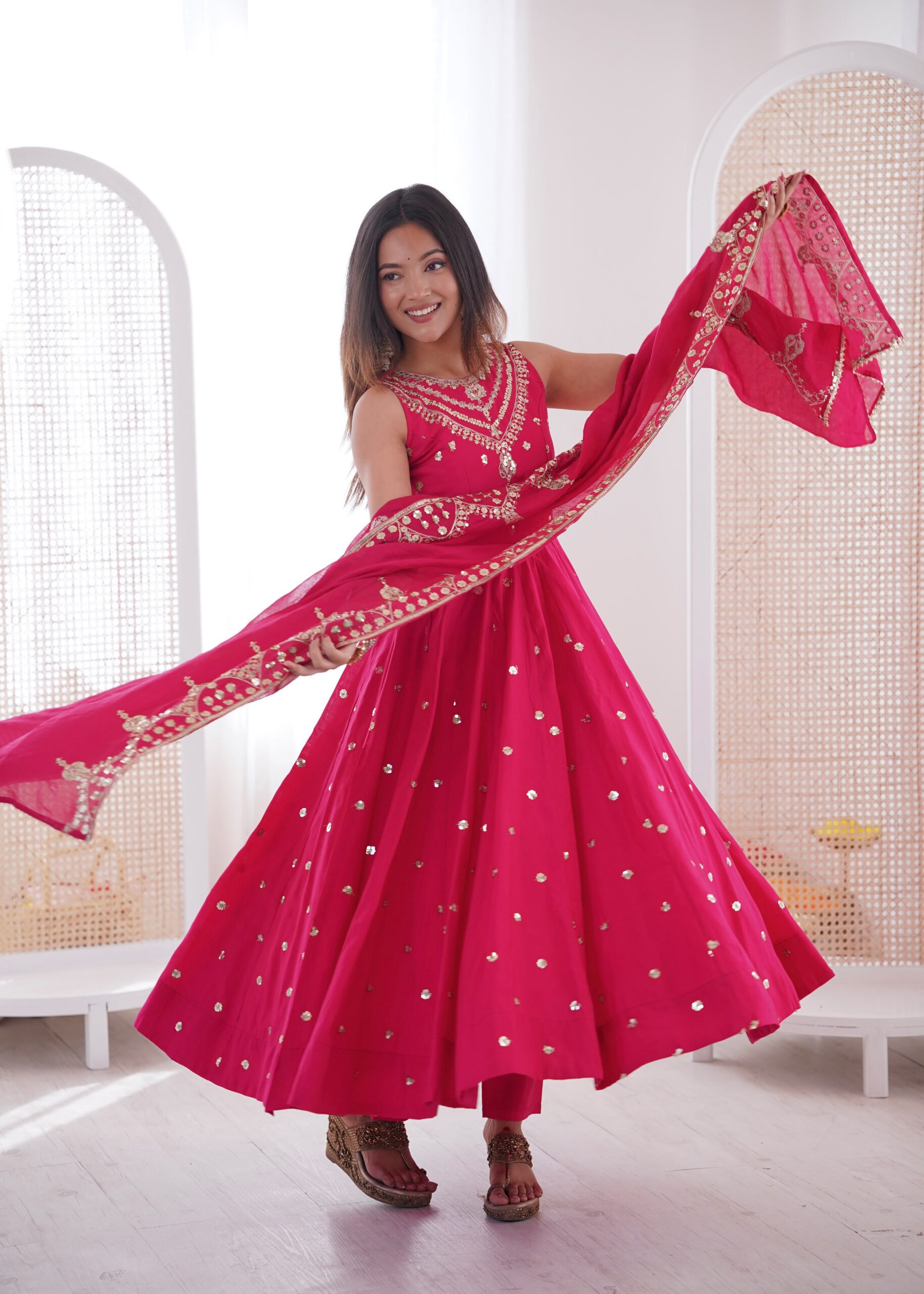 JF 038 Rani Pink Roman Silk Gown with Embroidery Work. Wedding, Party, Events, Navratri, Exclusive Offer ₹2149. Delivery 4-6 Working Days. Shop now. | Bollywood Gowns, Creative Gowns, Designer Gowns, Embroidered Gowns, Gowns, Party Wear Gowns