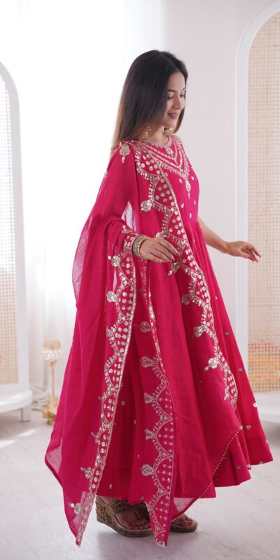JF 038 Rani Pink Roman Silk Gown with Embroidery Work. Wedding, Party, Events, Navratri, Exclusive Offer ₹2149. Delivery 4-6 Working Days. Shop now. | Bollywood Gowns, Creative Gowns, Designer Gowns, Embroidered Gowns, Gowns, Party Wear Gowns