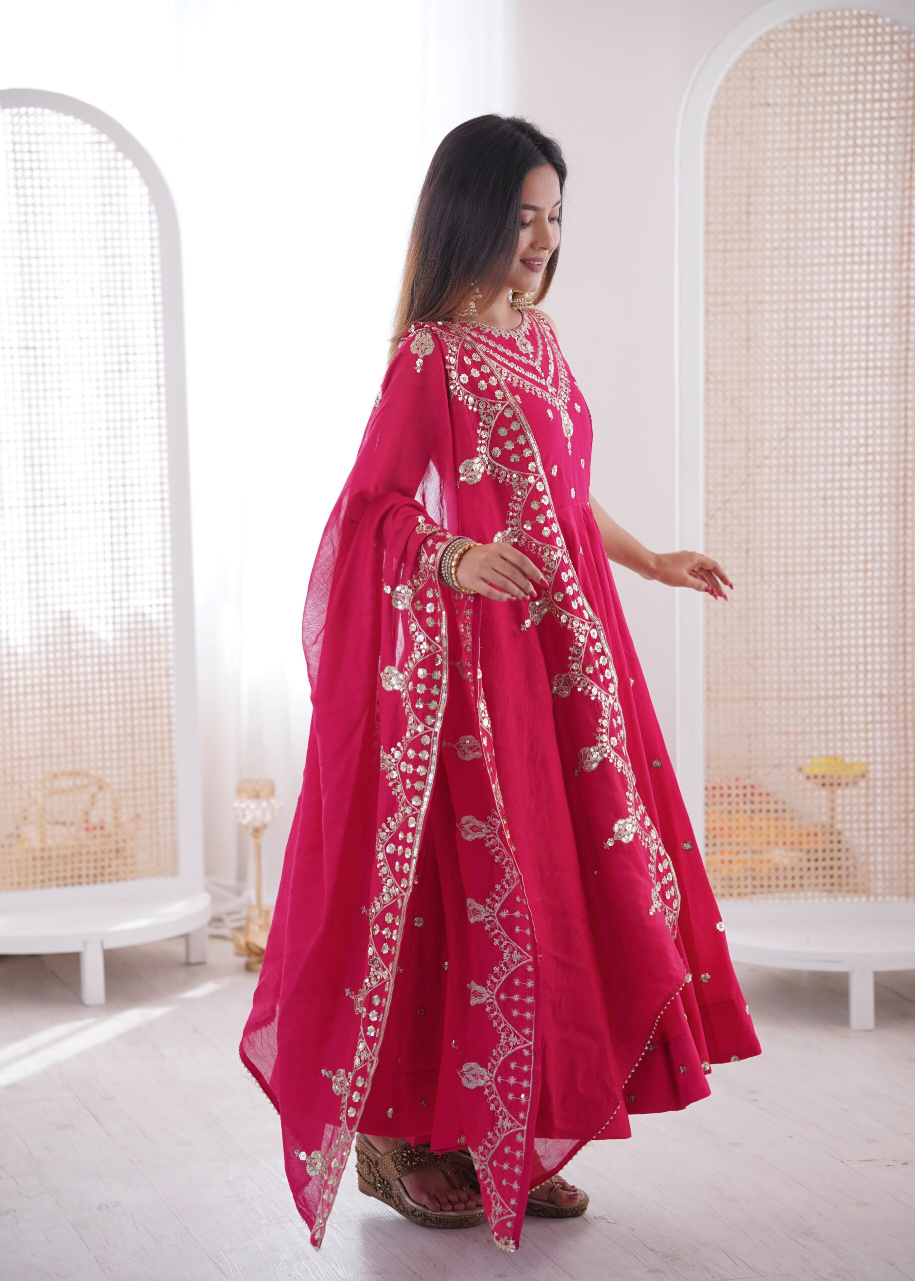 JF 038 Rani Pink Roman Silk Gown with Embroidery Work. Wedding, Party, Events, Navratri, Exclusive Offer ₹2149. Delivery 4-6 Working Days. Shop now. | Bollywood Gowns, Creative Gowns, Designer Gowns, Embroidered Gowns, Gowns, Party Wear Gowns