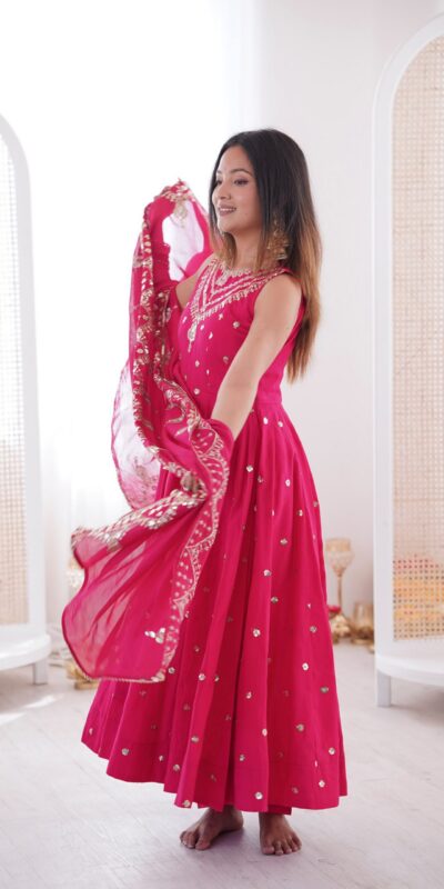 JF 038 Rani Pink Roman Silk Gown with Embroidery Work. Wedding, Party, Events, Navratri, Exclusive Offer ₹2149. Delivery 4-6 Working Days. Shop now. | Bollywood Gowns, Creative Gowns, Designer Gowns, Embroidered Gowns, Gowns, Party Wear Gowns