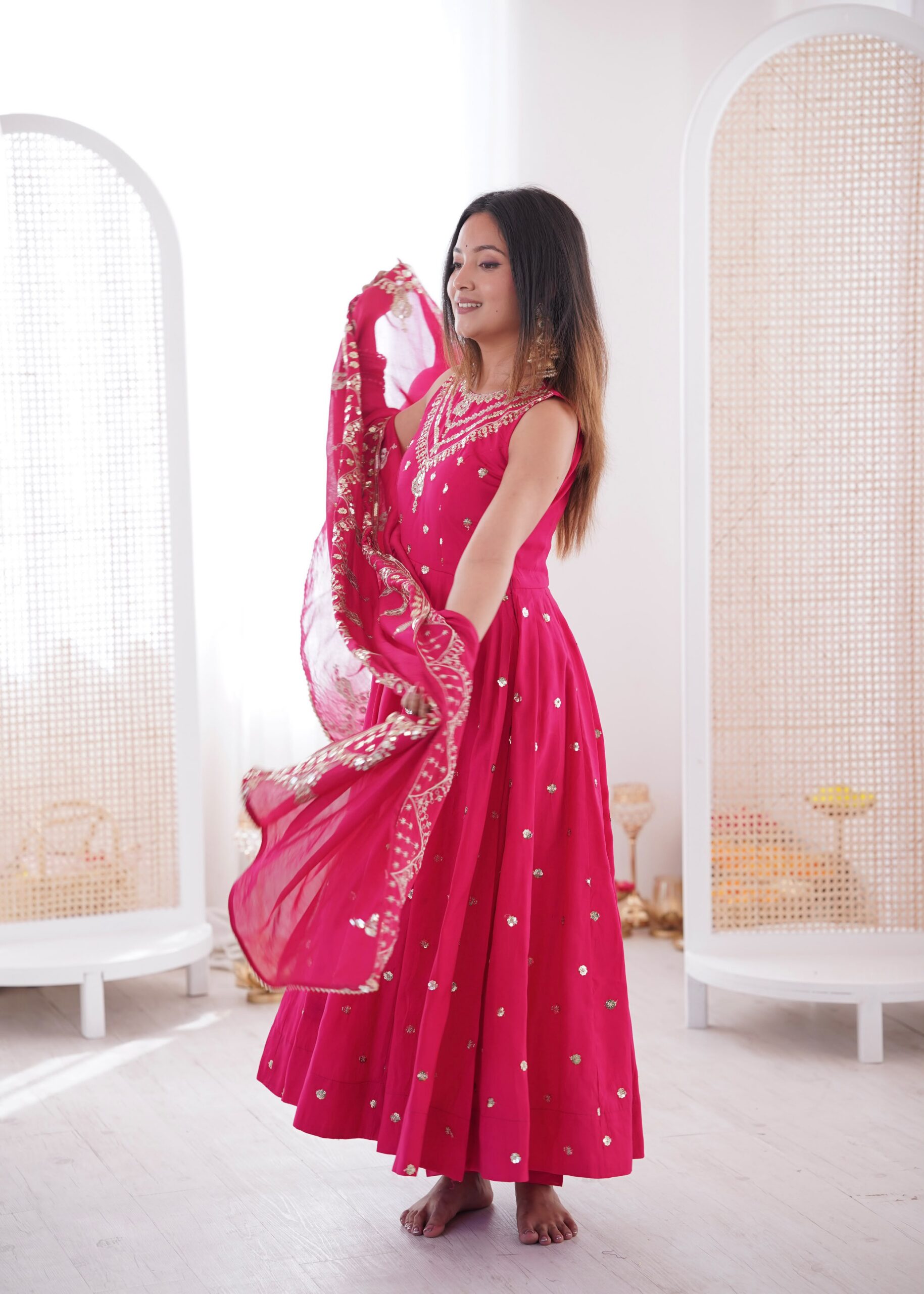 JF 038 Rani Pink Roman Silk Gown with Embroidery Work. Wedding, Party, Events, Navratri, Exclusive Offer ₹2149. Delivery 4-6 Working Days. Shop now. | Bollywood Gowns, Creative Gowns, Designer Gowns, Embroidered Gowns, Gowns, Party Wear Gowns