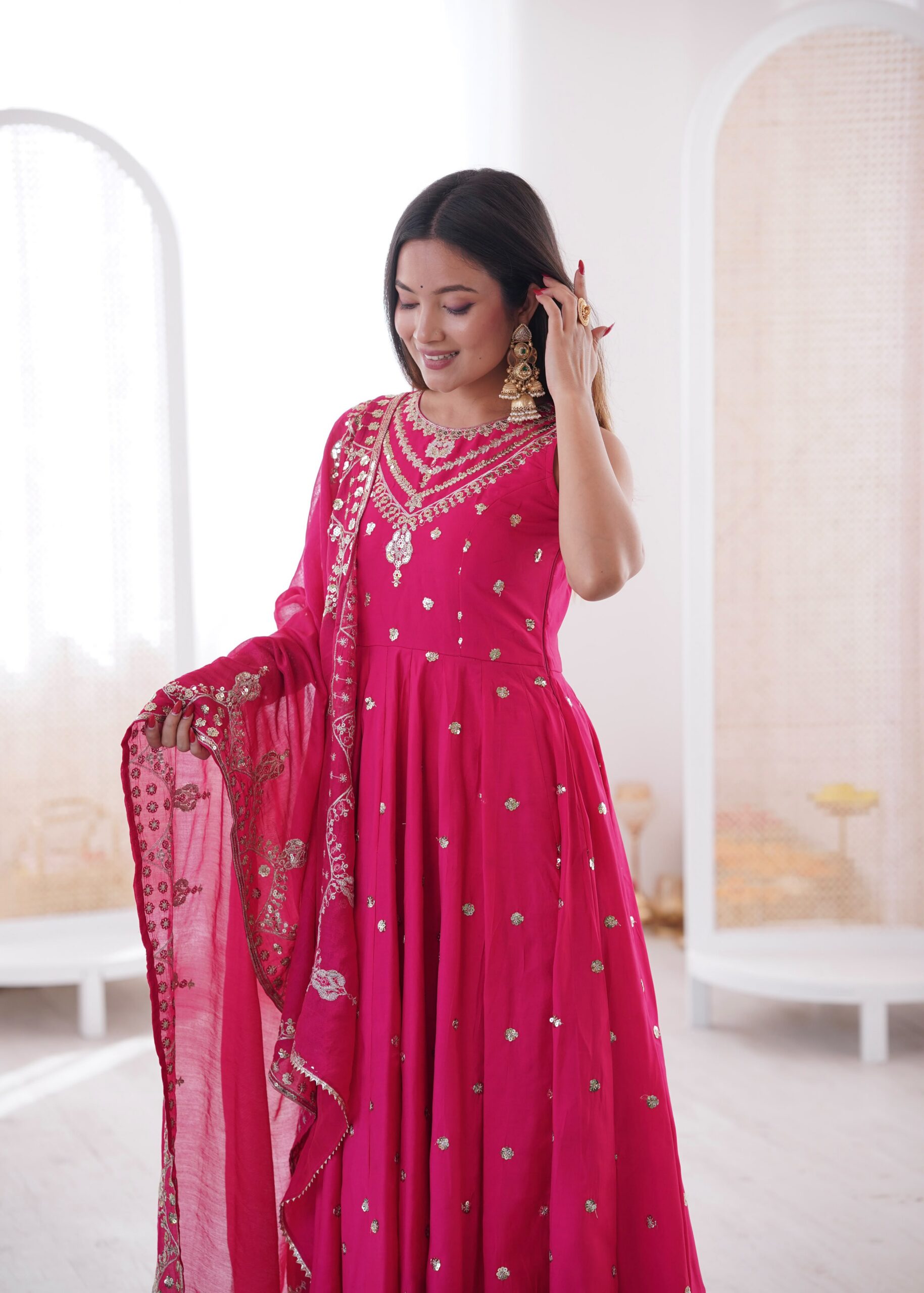 JF 038 Rani Pink Roman Silk Gown with Embroidery Work. Wedding, Party, Events, Navratri, Exclusive Offer ₹2149. Delivery 4-6 Working Days. Shop now. | Bollywood Gowns, Creative Gowns, Designer Gowns, Embroidered Gowns, Gowns, Party Wear Gowns