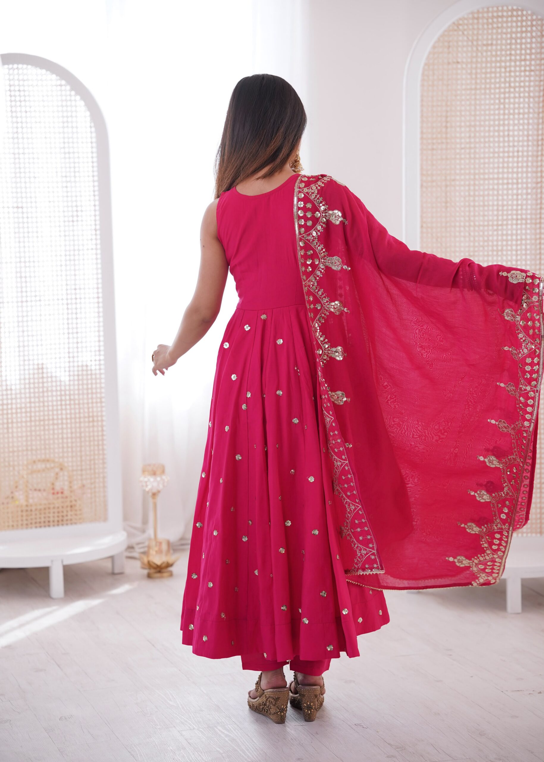 JF 038 Rani Pink Roman Silk Gown with Embroidery Work. Wedding, Party, Events, Navratri, Exclusive Offer ₹2149. Delivery 4-6 Working Days. Shop now. | Bollywood Gowns, Creative Gowns, Designer Gowns, Embroidered Gowns, Gowns, Party Wear Gowns