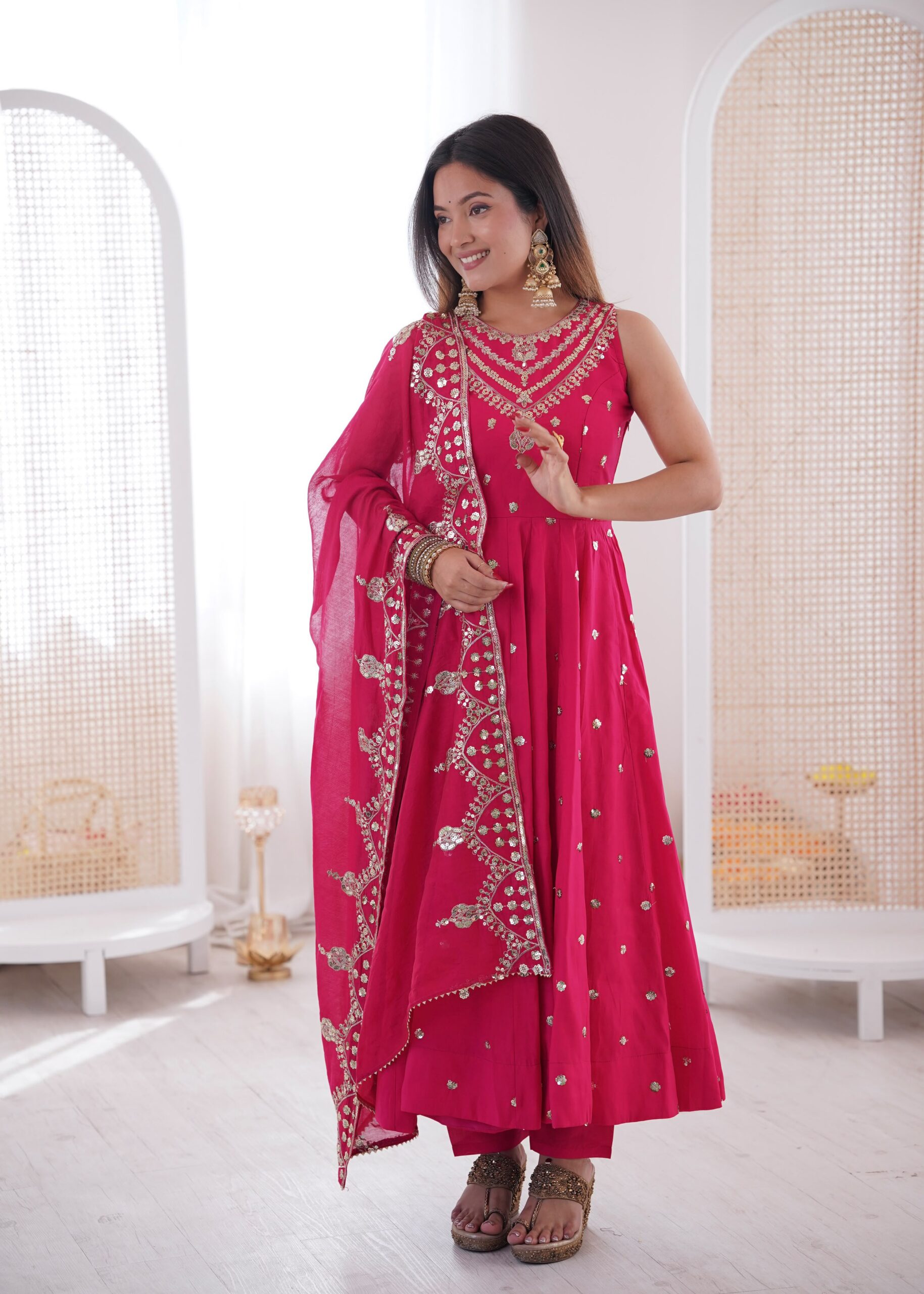 JF 038 Rani Pink Roman Silk Gown with Embroidery Work. Wedding, Party, Events, Navratri, Exclusive Offer ₹2149. Delivery 4-6 Working Days. Shop now. | Bollywood Gowns, Creative Gowns, Designer Gowns, Embroidered Gowns, Gowns, Party Wear Gowns