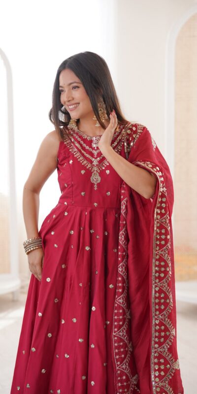 JF 038 Red Roman Silk Gown with Embroidery Work. Wedding, Party, Festive, Events, Navratri, Exclusive Offer ₹2149. Delivery 4-6 Working Days. Shop now. | Bollywood Gowns, Creative Gowns, Designer Gowns, Embroidered Gowns, Gowns, Party Wear Gowns
