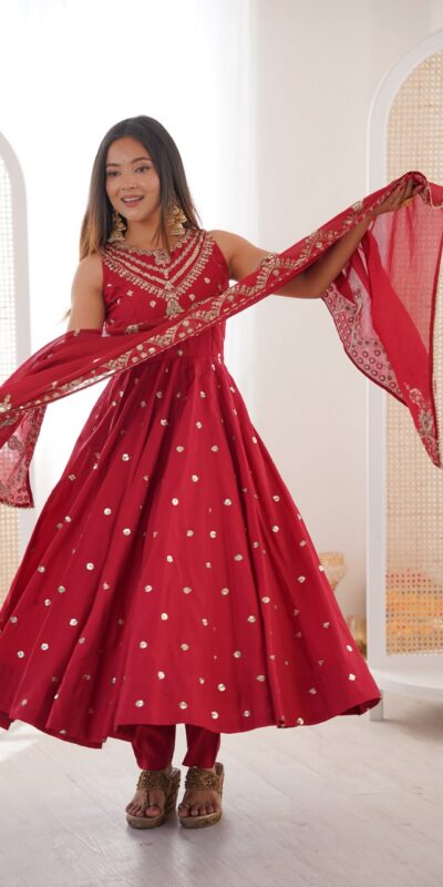 JF 038 Red Roman Silk Gown with Embroidery Work. Wedding, Party, Festive, Events, Navratri, Exclusive Offer ₹2149. Delivery 4-6 Working Days. Shop now. | Bollywood Gowns, Creative Gowns, Designer Gowns, Embroidered Gowns, Gowns, Party Wear Gowns