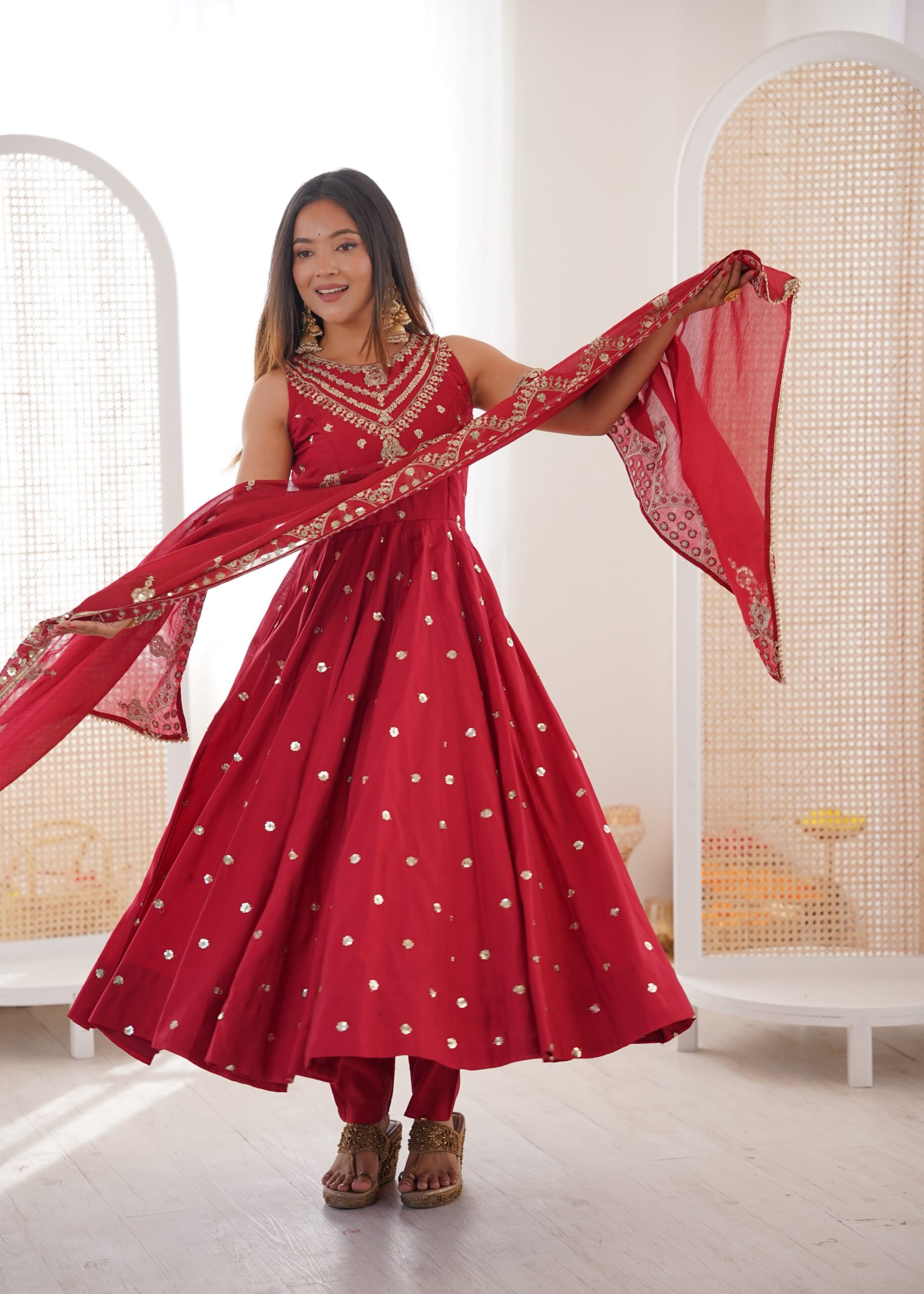 JF 038 Red Roman Silk Gown with Embroidery Work. Wedding, Party, Festive, Events, Navratri, Exclusive Offer ₹2149. Delivery 4-6 Working Days. Shop now. | Bollywood Gowns, Creative Gowns, Designer Gowns, Embroidered Gowns, Gowns, Party Wear Gowns