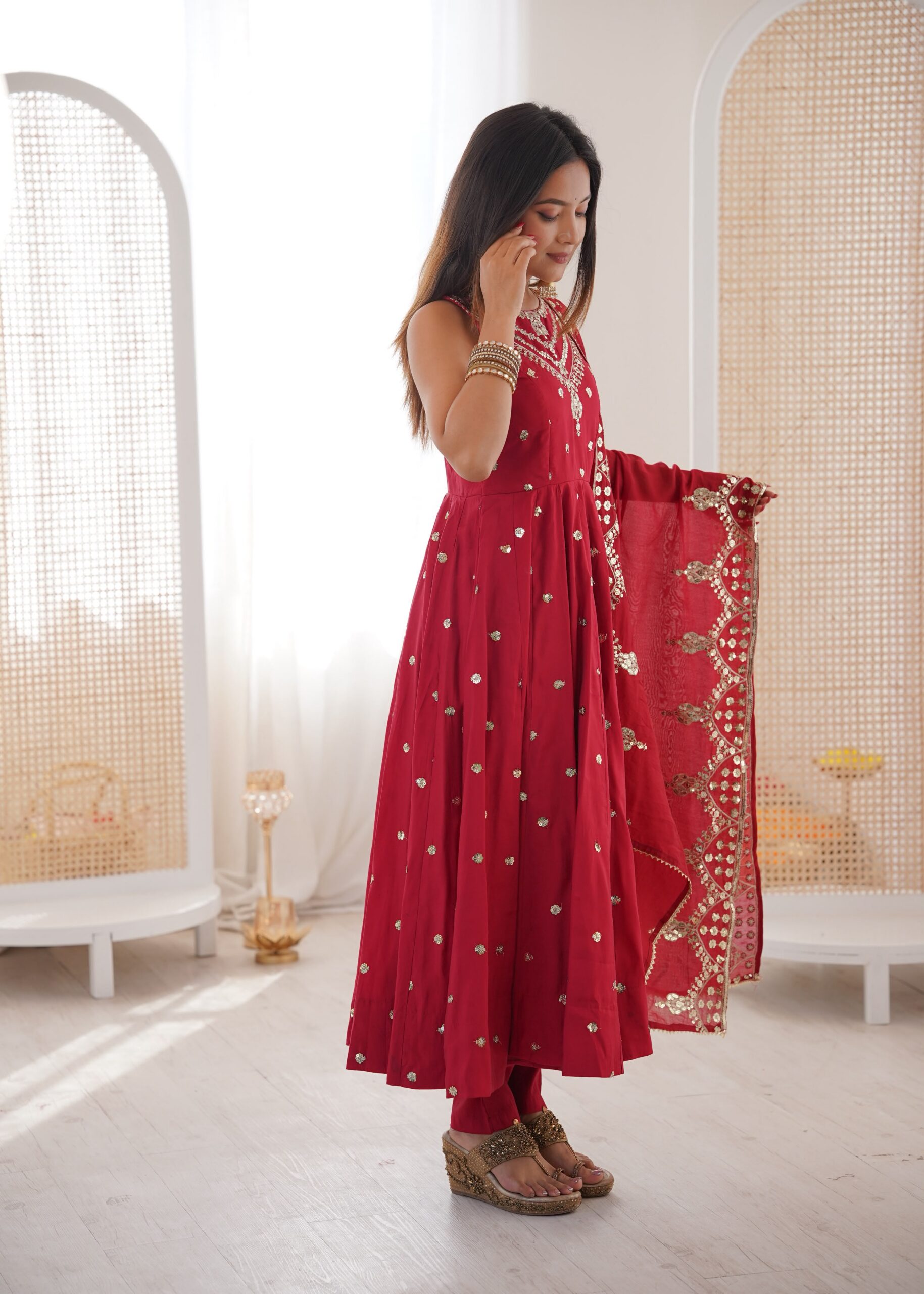 JF 038 Red Roman Silk Gown with Embroidery Work. Wedding, Party, Festive, Events, Navratri, Exclusive Offer ₹2149. Delivery 4-6 Working Days. Shop now. | Bollywood Gowns, Creative Gowns, Designer Gowns, Embroidered Gowns, Gowns, Party Wear Gowns