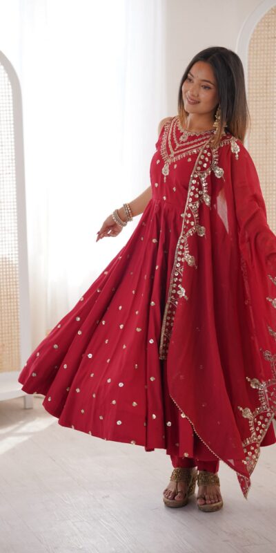 JF 038 Red Roman Silk Gown with Embroidery Work. Wedding, Party, Festive, Events, Navratri, Exclusive Offer ₹2149. Delivery 4-6 Working Days. Shop now. | Bollywood Gowns, Creative Gowns, Designer Gowns, Embroidered Gowns, Gowns, Party Wear Gowns
