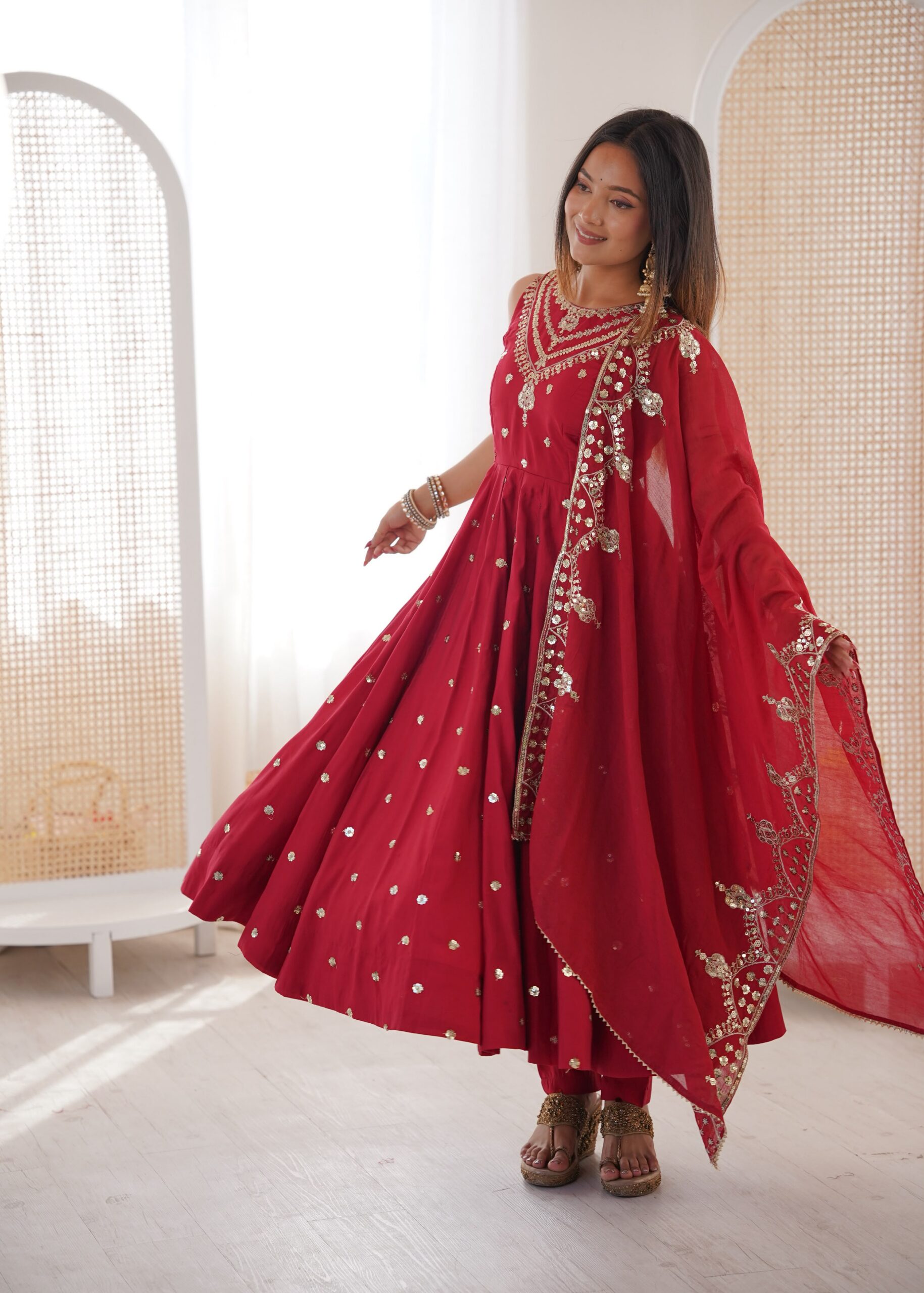 JF 038 Red Roman Silk Gown with Embroidery Work. Wedding, Party, Festive, Events, Navratri, Exclusive Offer ₹2149. Delivery 4-6 Working Days. Shop now. | Bollywood Gowns, Creative Gowns, Designer Gowns, Embroidered Gowns, Gowns, Party Wear Gowns
