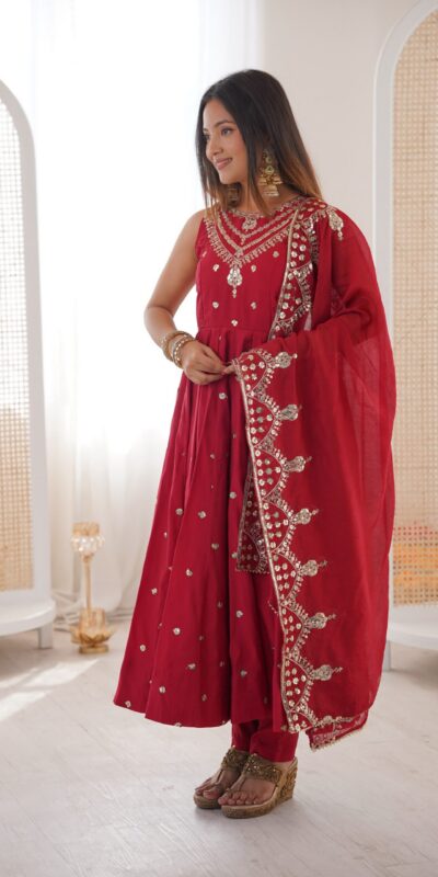 JF 038 Red Roman Silk Gown with Embroidery Work. Wedding, Party, Festive, Events, Navratri, Exclusive Offer ₹2149. Delivery 4-6 Working Days. Shop now. | Bollywood Gowns, Creative Gowns, Designer Gowns, Embroidered Gowns, Gowns, Party Wear Gowns