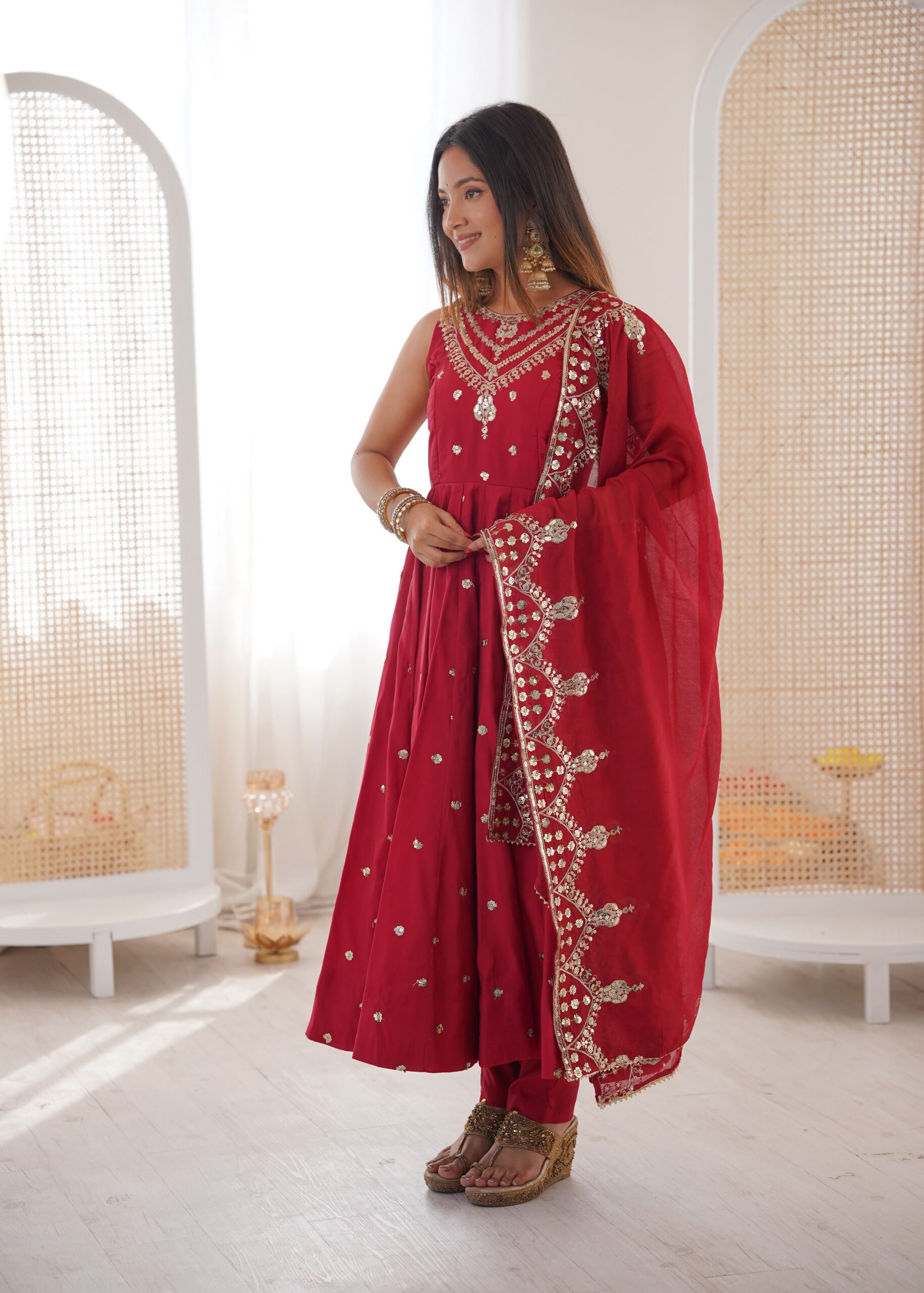 JF 038 Red Roman Silk Gown with Embroidery Work. Wedding, Party, Festive, Events, Navratri, Exclusive Offer ₹2149. Delivery 4-6 Working Days. Shop now. | Bollywood Gowns, Creative Gowns, Designer Gowns, Embroidered Gowns, Gowns, Party Wear Gowns