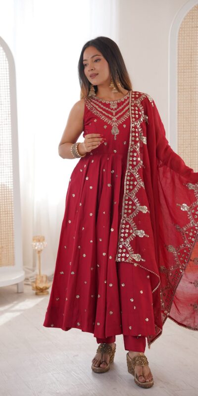 JF 038 Red Roman Silk Gown with Embroidery Work. Wedding, Party, Festive, Events, Navratri, Exclusive Offer ₹2149. Delivery 4-6 Working Days. Shop now. | Bollywood Gowns, Creative Gowns, Designer Gowns, Embroidered Gowns, Gowns, Party Wear Gowns