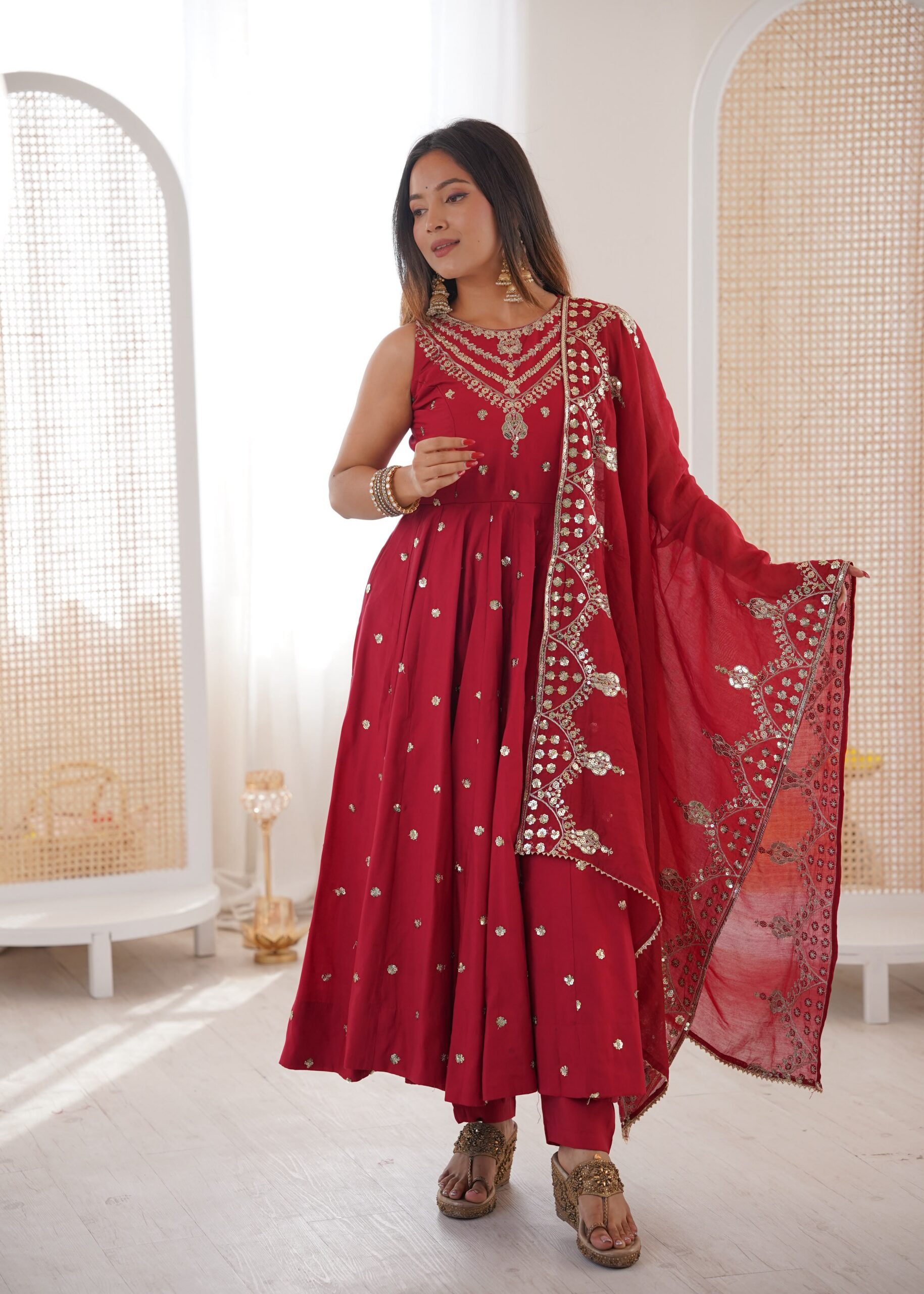 JF 038 Red Roman Silk Gown with Embroidery Work. Wedding, Party, Festive, Events, Navratri, Exclusive Offer ₹2149. Delivery 4-6 Working Days. Shop now. | Bollywood Gowns, Creative Gowns, Designer Gowns, Embroidered Gowns, Gowns, Party Wear Gowns