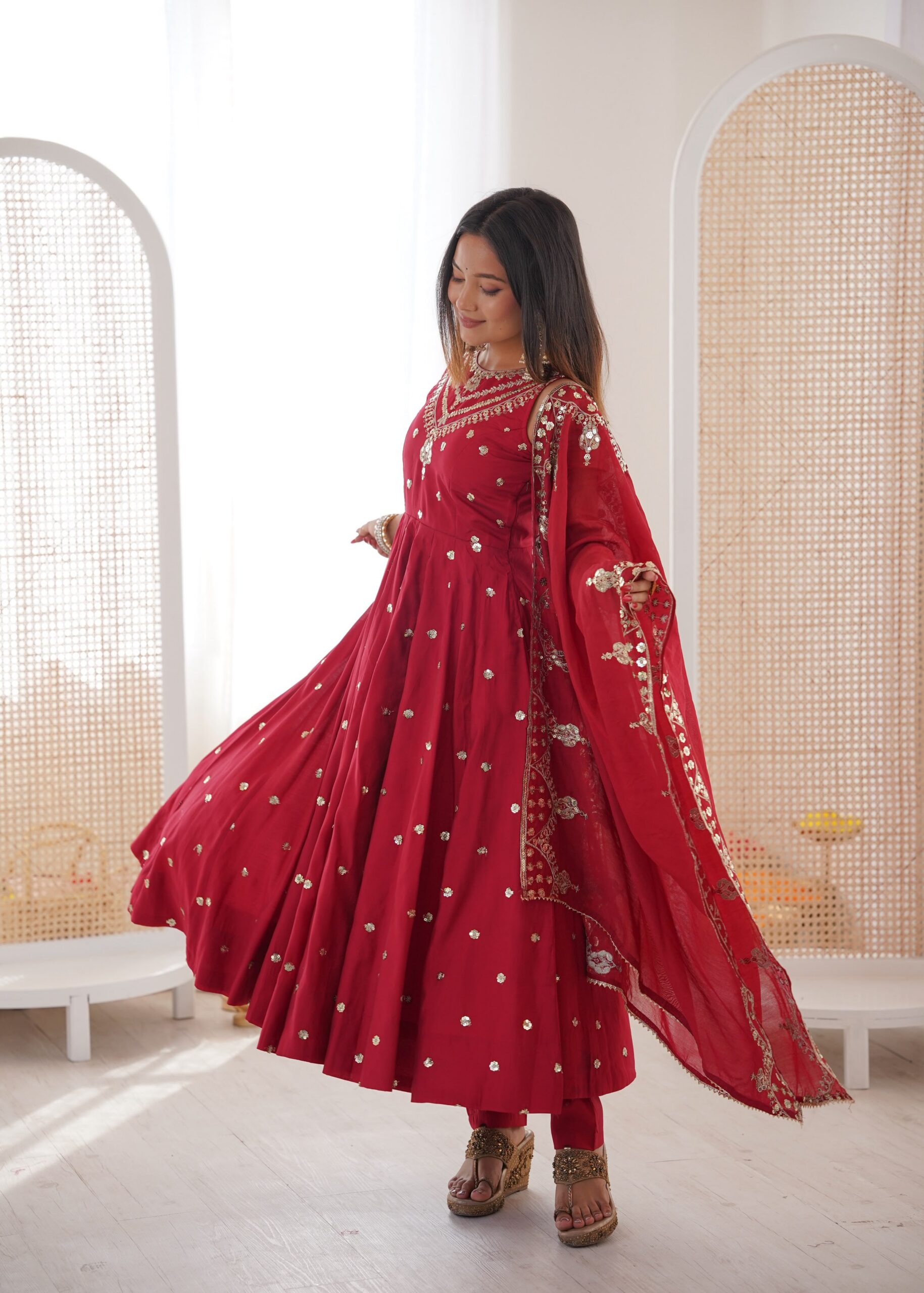 JF 038 Red Roman Silk Gown with Embroidery Work. Wedding, Party, Festive, Events, Navratri, Exclusive Offer ₹2149. Delivery 4-6 Working Days. Shop now. | Bollywood Gowns, Creative Gowns, Designer Gowns, Embroidered Gowns, Gowns, Party Wear Gowns