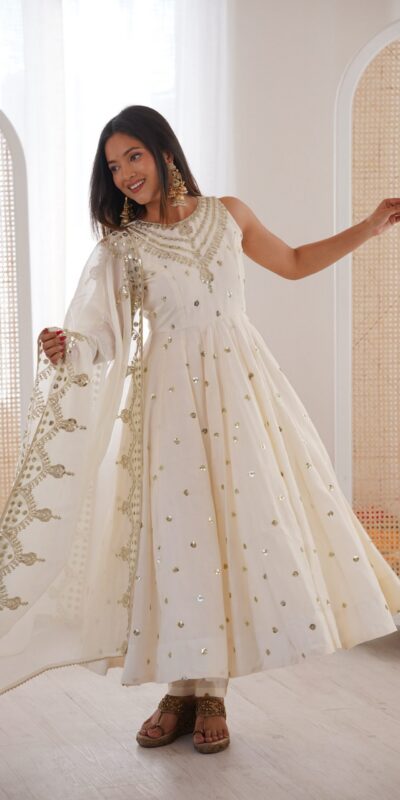 JF 038 White Roman Silk Gown with Embroidery Work. Wedding, Party, Festive, Events, Navratri, Exclusive Offer ₹2149. Delivery 4-6 Working Days. Shop now. | Bollywood Gowns, Creative Gowns, Designer Gowns, Embroidered Gowns, Gowns, Party Wear Gowns