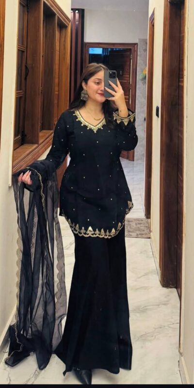 WW 1247 Black Roman Silk Salwar Suit with Embroidery Work & Sequins Work. Now at just ₹1899. Delivery 4-6 Working Days. Shop now. | Casual Suits, Jump Suits, Creative suits, Designer Suits, Palazzo Suits, Party Wear Suits, Patiala Suits, Salwar suit, Straight Suits