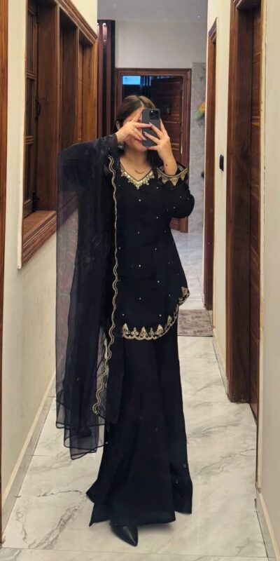 WW 1247 Black Roman Silk Salwar Suit with Embroidery Work & Sequins Work. Now at just ₹1899. Delivery 4-6 Working Days. Shop now. | Casual Suits, Jump Suits, Creative suits, Designer Suits, Palazzo Suits, Party Wear Suits, Patiala Suits, Salwar suit, Straight Suits