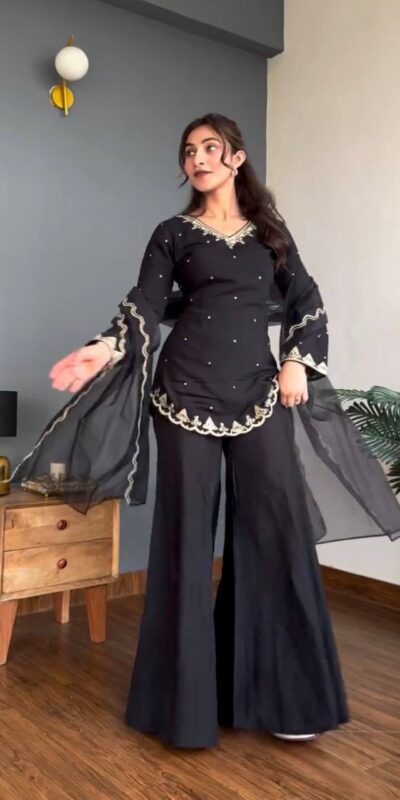 WW 1247 Black Roman Silk Salwar Suit with Embroidery Work & Sequins Work. Now at just ₹1899. Delivery 4-6 Working Days. Shop now. | Casual Suits, Jump Suits, Creative suits, Designer Suits, Palazzo Suits, Party Wear Suits, Patiala Suits, Salwar suit, Straight Suits