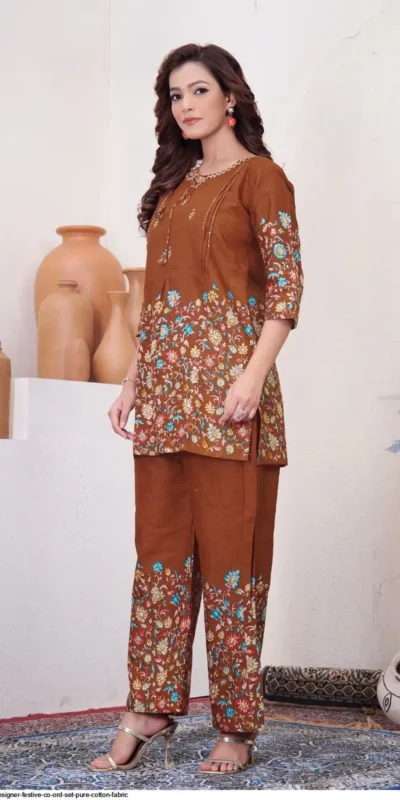 DIVA 137 Brown Pure Cotton Kantha work Elegant Kurti with Designer Work. Price 1749 - Delivery 4-6 Working Days. Shop now. | Bollywood Kurti, Creative Kurtis, Designer Kurti, Kurti, Party Wear Kurti, Selfie Kurti