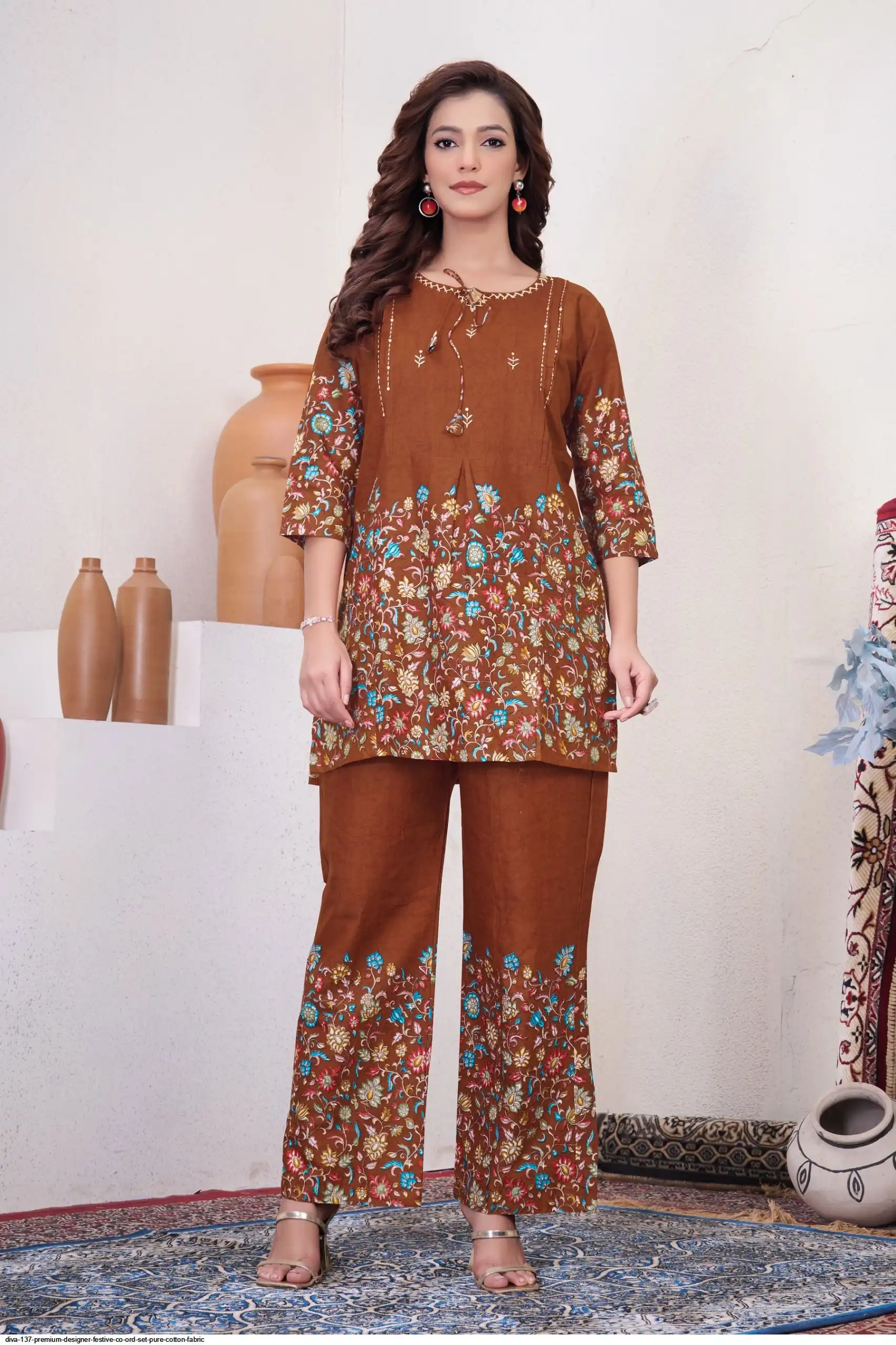 DIVA 137 Brown Pure Cotton Kantha work Elegant Kurti with Designer Work. Price 1749 - Delivery 4-6 Working Days. Shop now. | Bollywood Kurti, Creative Kurtis, Designer Kurti, Kurti, Party Wear Kurti, Selfie Kurti