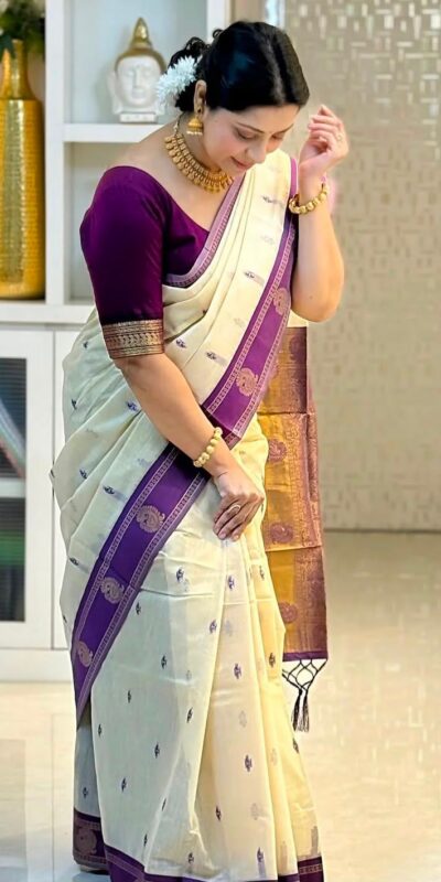 KPR 308 Cream in Soft Lichi Silk Jacquard Work Designer Work Saree . Exclusive Offer ₹1449. Delivery 4-6 Working Days. Shop now. | Creative Sarees, Bollywood Sarees, Designer Sarees, Embroidered Sarees, Ethnic Saree, Modern Digital sarees, Party Wear Sarees, Sarees