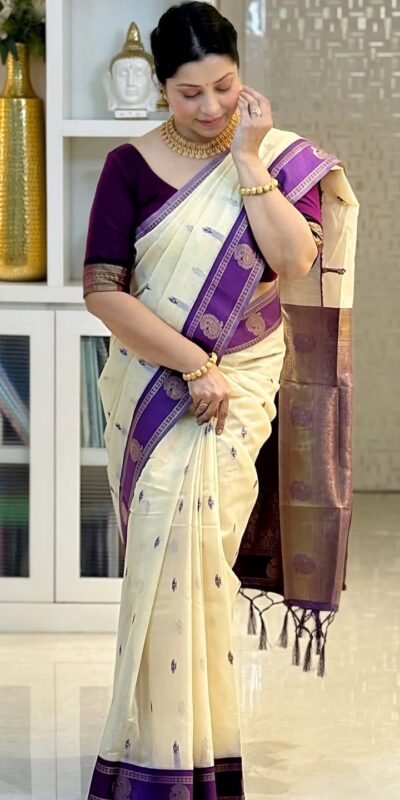 KPR 308 Cream in Soft Lichi Silk Jacquard Work Designer Work Saree . Exclusive Offer ₹1449. Delivery 4-6 Working Days. Shop now. | Creative Sarees, Bollywood Sarees, Designer Sarees, Embroidered Sarees, Ethnic Saree, Modern Digital sarees, Party Wear Sarees, Sarees