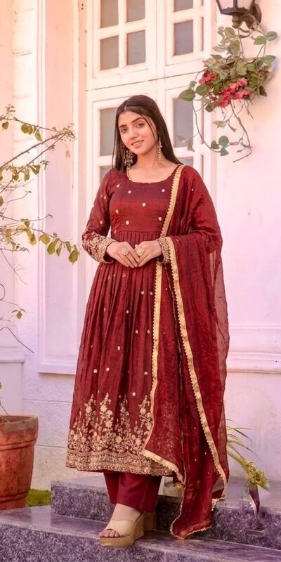 JF 051 Maroon | Maroon Fendy Silk Gown with Embroidery Work & Sequins Work. Special Price ₹2399. Delivery 4-6 Working Days. Shop now. | Bollywood Gowns, Creative Gowns, Designer Gowns, Embroidered Gowns, Gowns, Party Wear Gowns