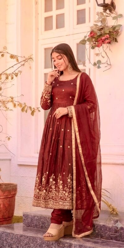 JF 051 Maroon | Maroon Fendy Silk Gown with Embroidery Work & Sequins Work. Special Price ₹2399. Delivery 4-6 Working Days. Shop now. | Bollywood Gowns, Creative Gowns, Designer Gowns, Embroidered Gowns, Gowns, Party Wear Gowns