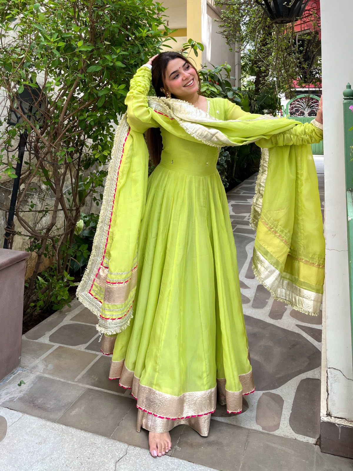 RTC 6048 Parrot Green | Parrot Tabby Organza Silk Gown with Hand Work & Mirror Work. Special Price ₹2549. Delivery 4-6 Working Days. Shop now. | Bollywood Gowns, Creative Gowns, Designer Gowns, Embroidered Gowns, Gowns, Party Wear Gowns