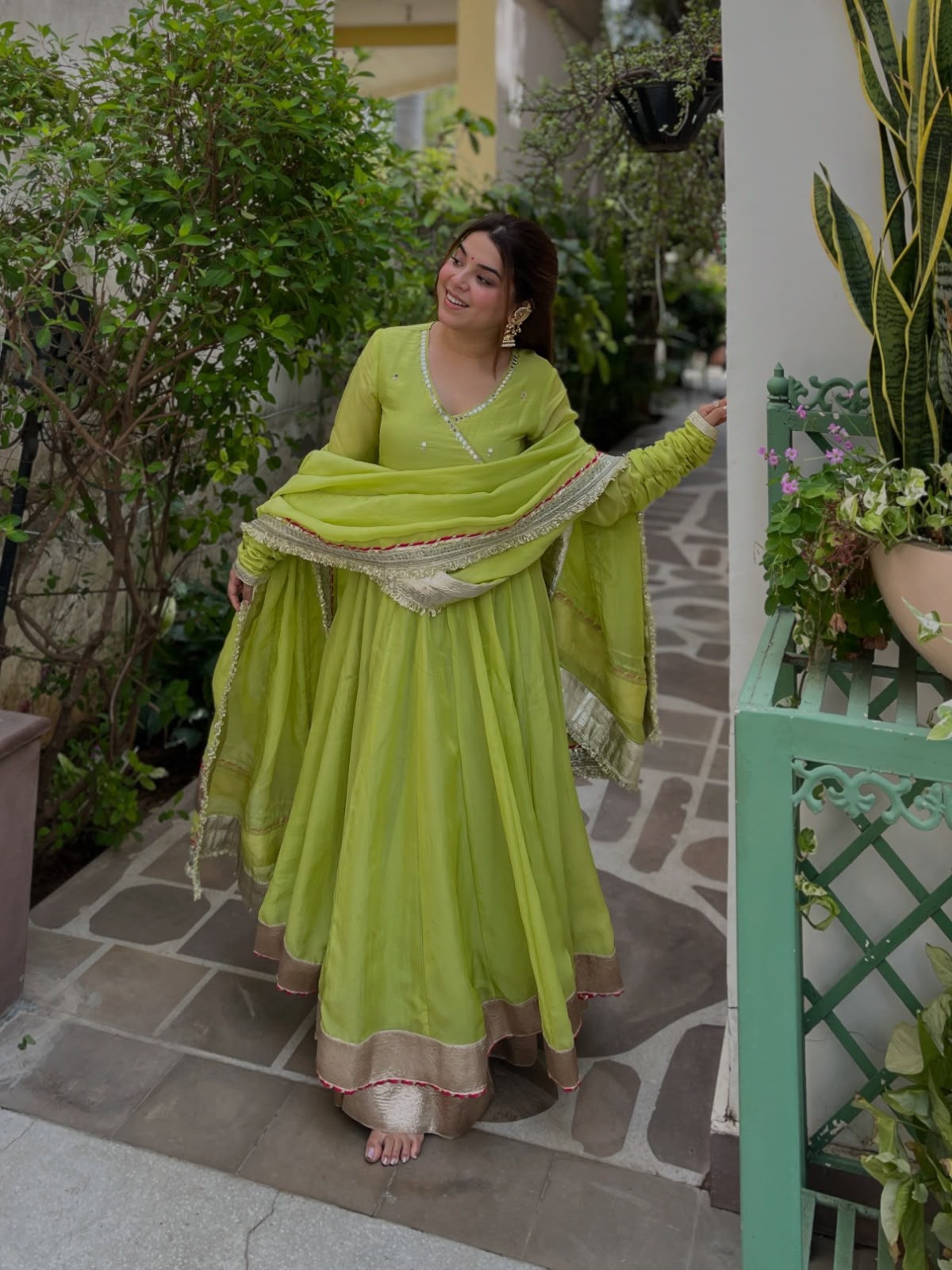 RTC 6048 Parrot Green | Parrot Tabby Organza Silk Gown with Hand Work & Mirror Work. Special Price ₹2549. Delivery 4-6 Working Days. Shop now. | Bollywood Gowns, Creative Gowns, Designer Gowns, Embroidered Gowns, Gowns, Party Wear Gowns